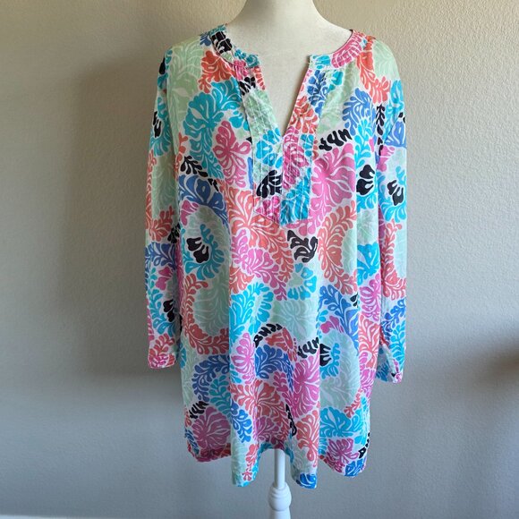 Talbots Blouse Tunic Lightweight Cotton Colorful Artsy Tropical Popover Plus 2X - Picture 1 of 10
